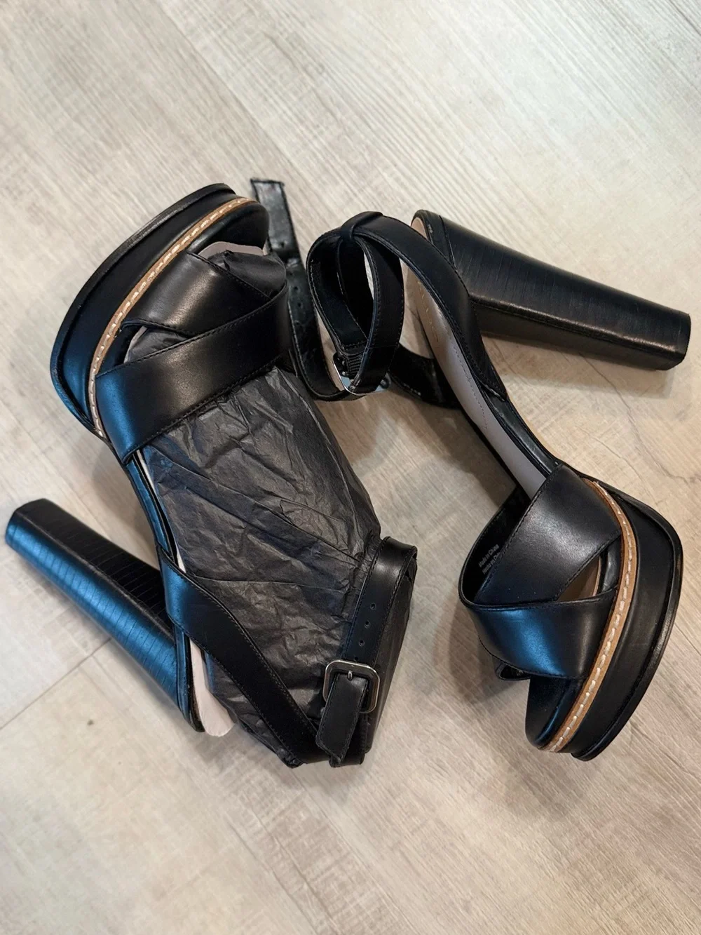 Aldo Black Leather Platform Ankle-Strap Heels